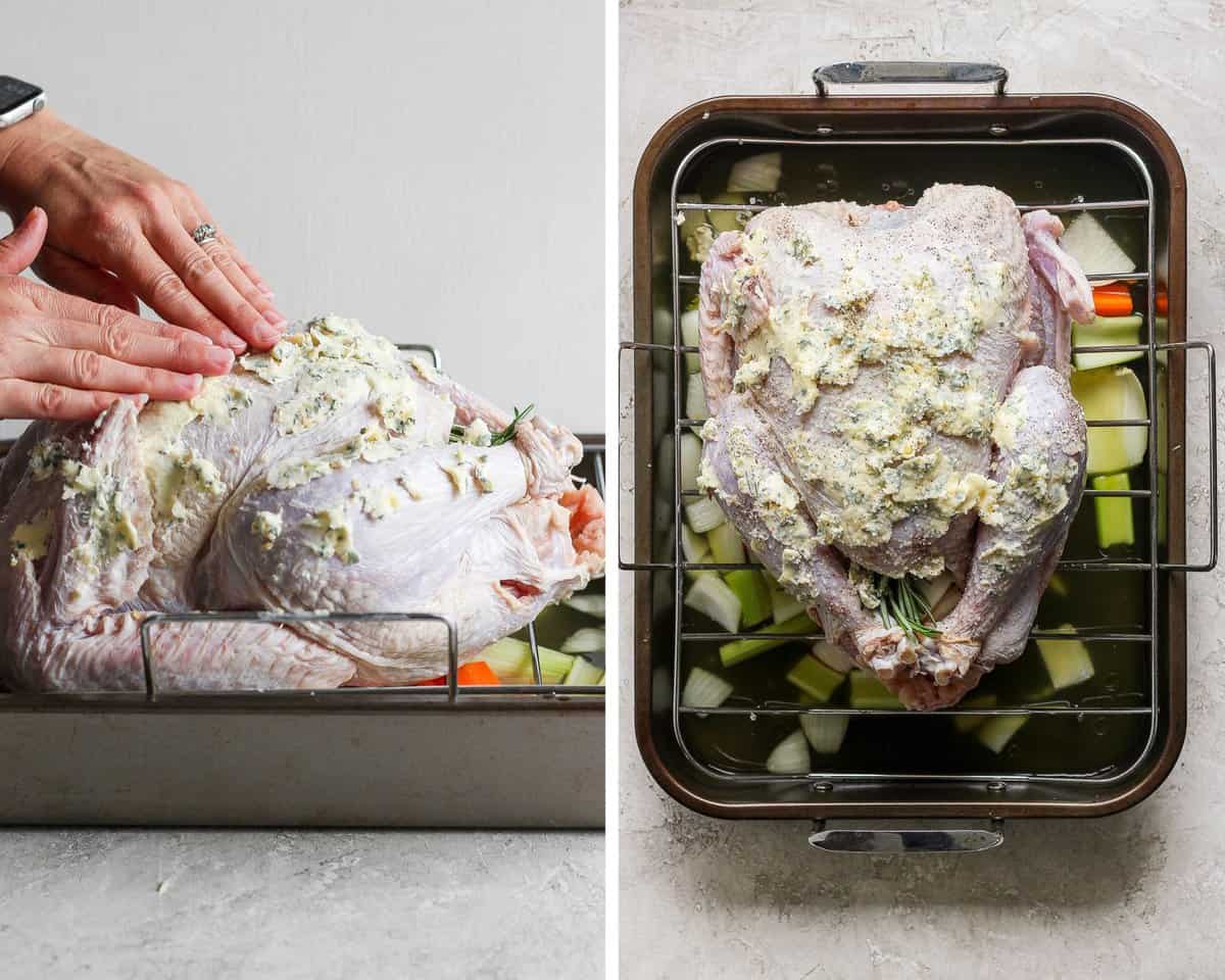 Two images showing 2 hands spreading herbed butter on a turkey and then a fully covered turkey ready for the oven.