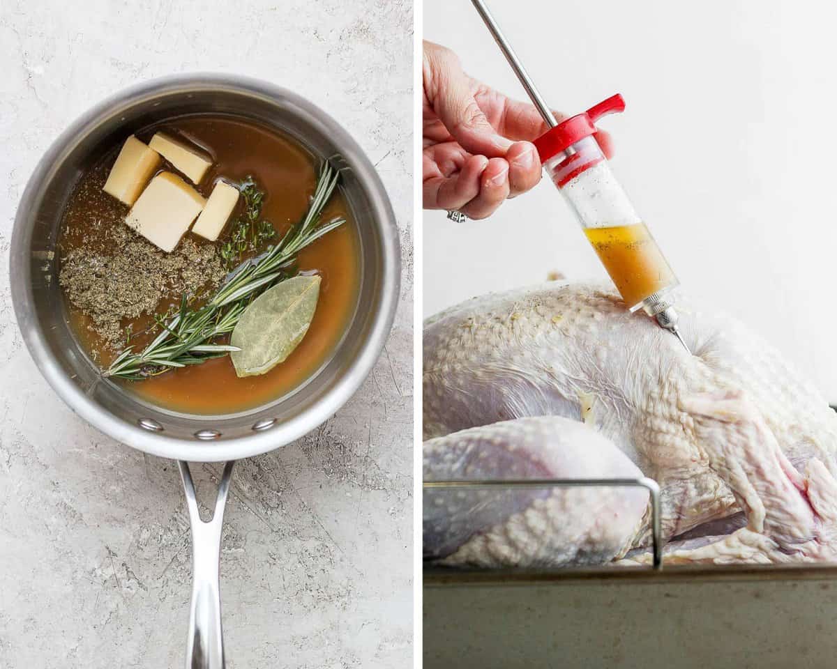 Two images showing the turkey injection ingredients in a saucepan and then being injected into a raw turkey.