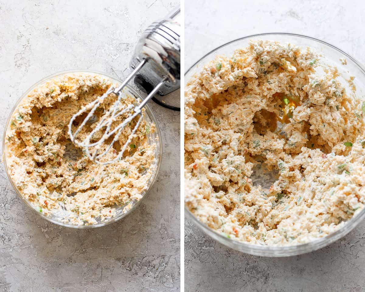 A hand mixer mixing all of the ingredients together in a mixing bowl.