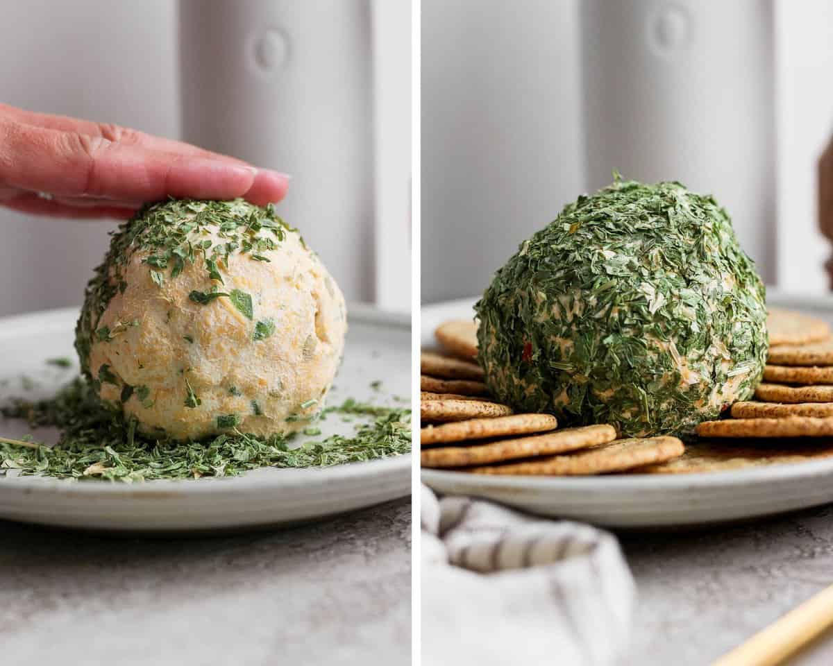 A hand rolling a cheese ball in dried parsley so that it coats the cheese ball.