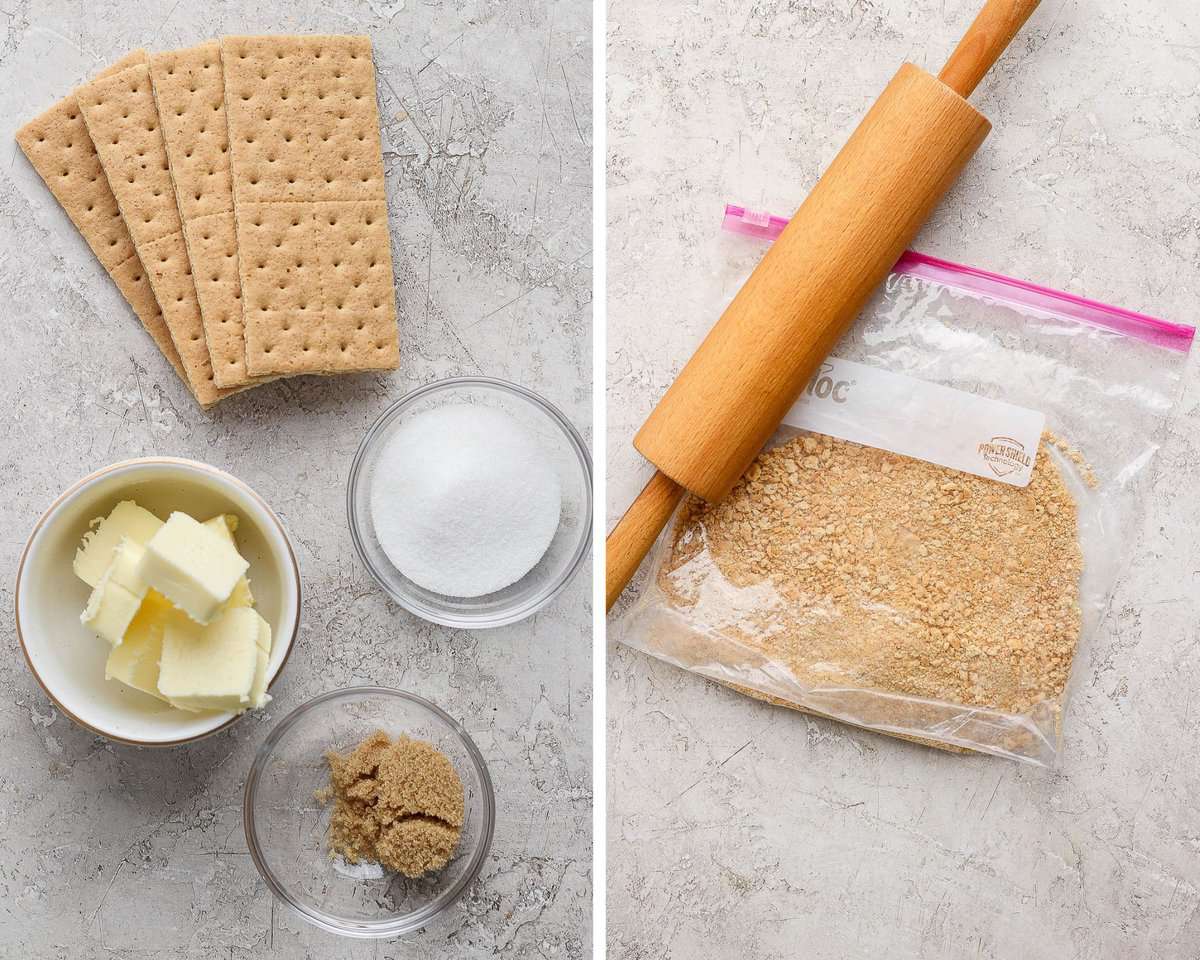 Two images showing the ingredients for a graham cracker crust and the graham crackers crushed in a bag next to a rolling pin.