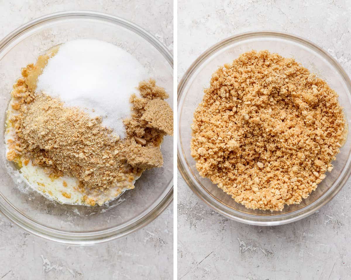 Two images showing the graham cracker crust ingredients before mixing and after.