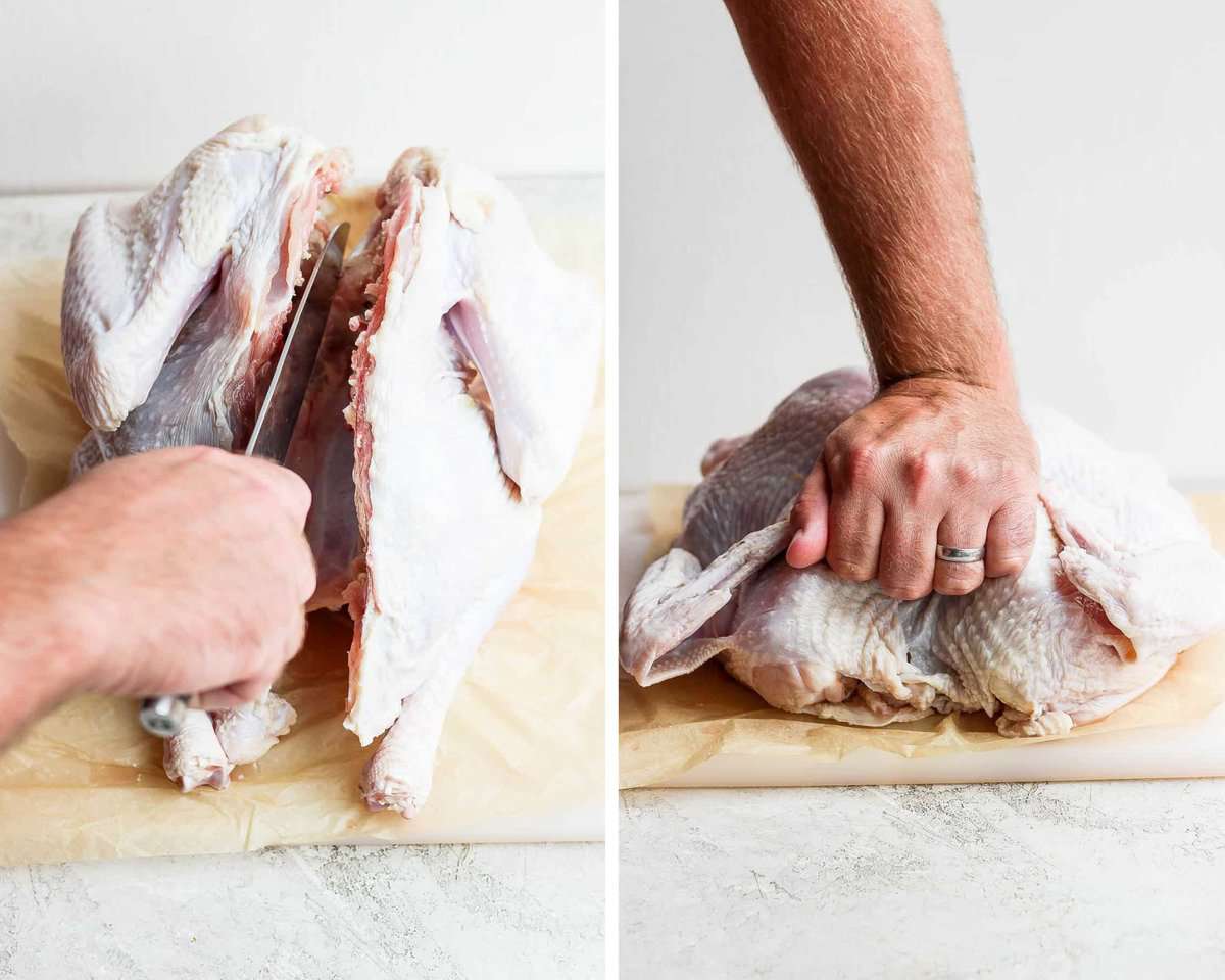 Two images showing the large knife cutting into the breastbone cartilage and then the turkey flipped over and being pressed down.