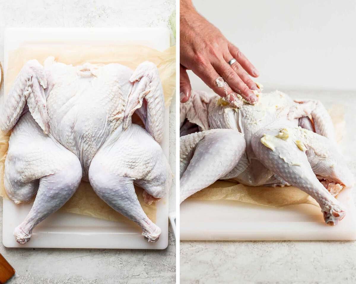 Two images showing a spatchcock turkey on a cutting board and then butter being spread on it.