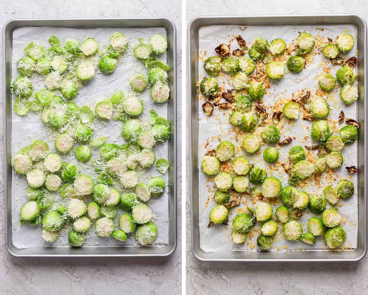 A side by side show of the un-roasted parmesan brussel sprouts on a baking sheet and then the roasted parmesan brussel sprouts on a baking sheet.