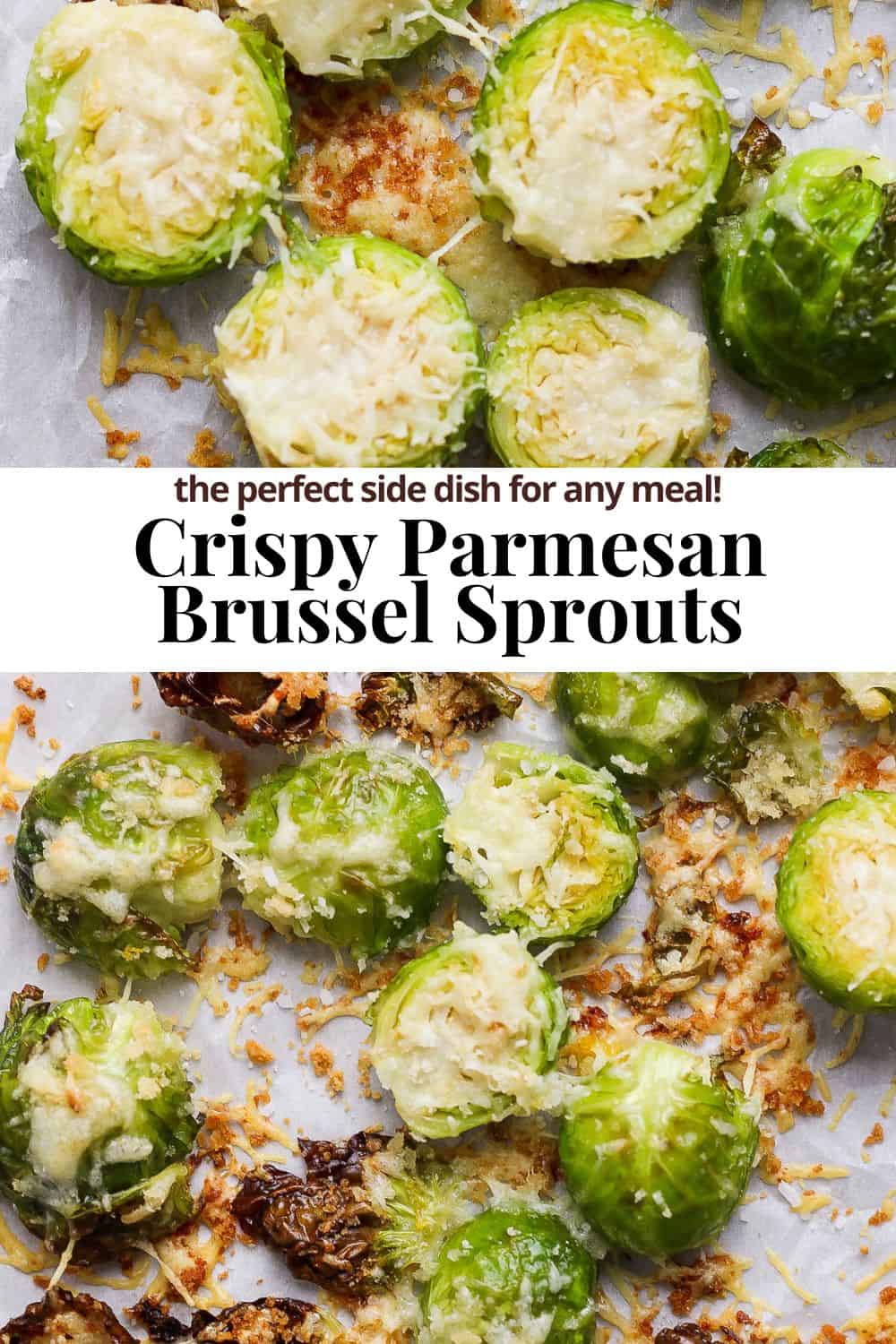 Pinterest image showing parmesan brussel sprouts and the title Crispy Parmesan Brussel Sprouts the perfect side dish for any meal!