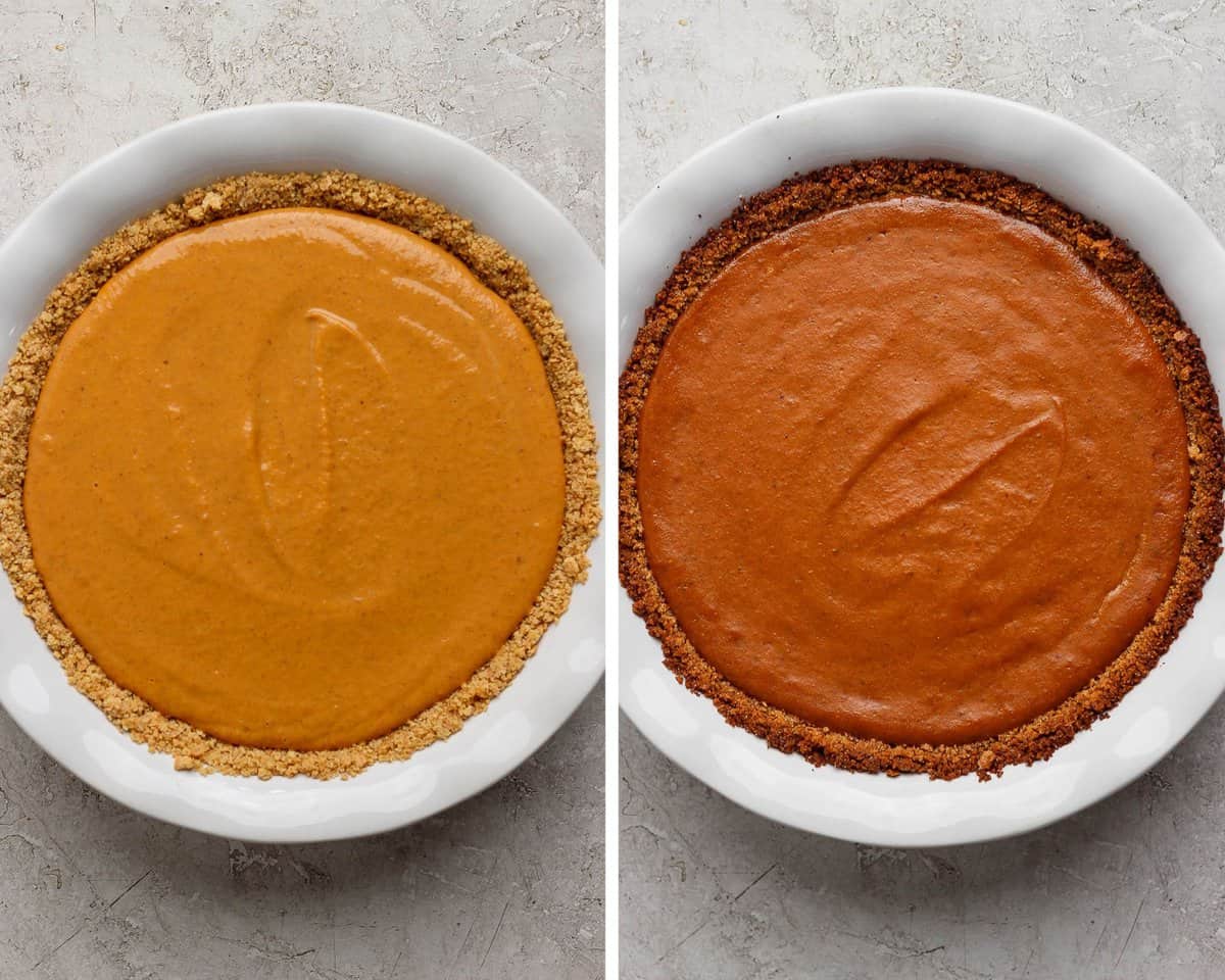 Two images showing the pumpkin pie before baking and after.