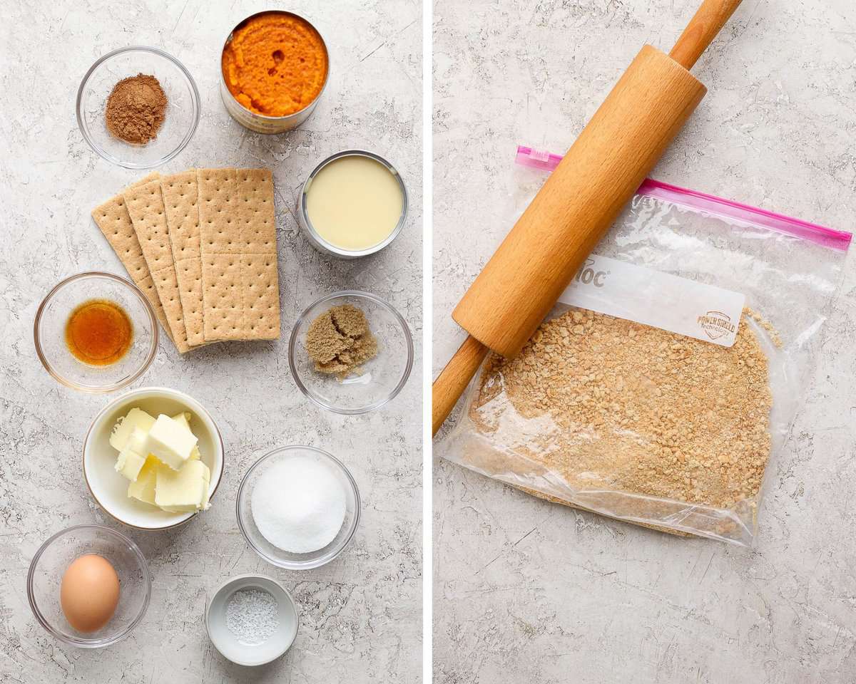 Two images showing the ingredients for pumpkin pie with graham cracker crust in separate bowls and the graham cracker crumbs in a bag with a rolling pin.