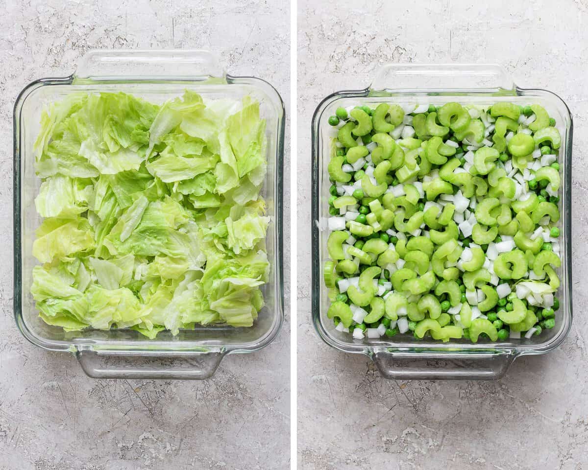 Two images showing the lettuce in the bottom and then the peas, onion, and celery added.