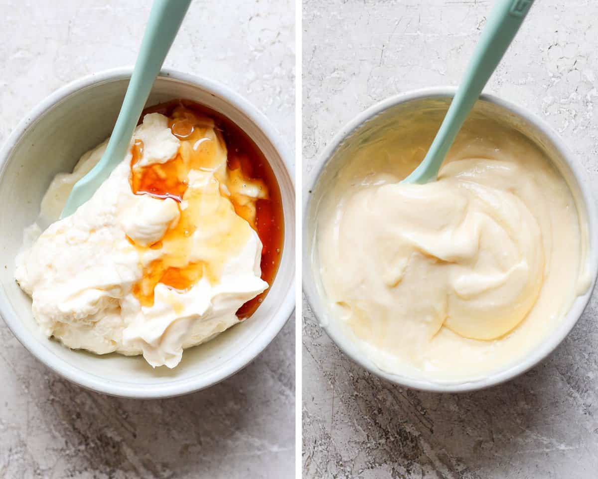 Two images showing the mayo and honey before being mixed and after.