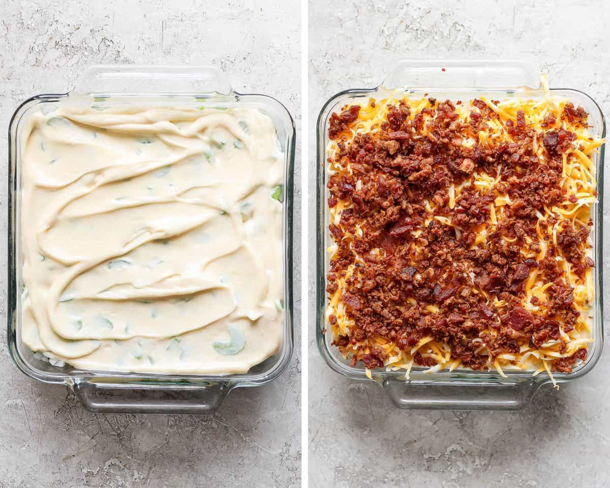 Two images showing the mayo mixture added and then the cheese and bacon added.