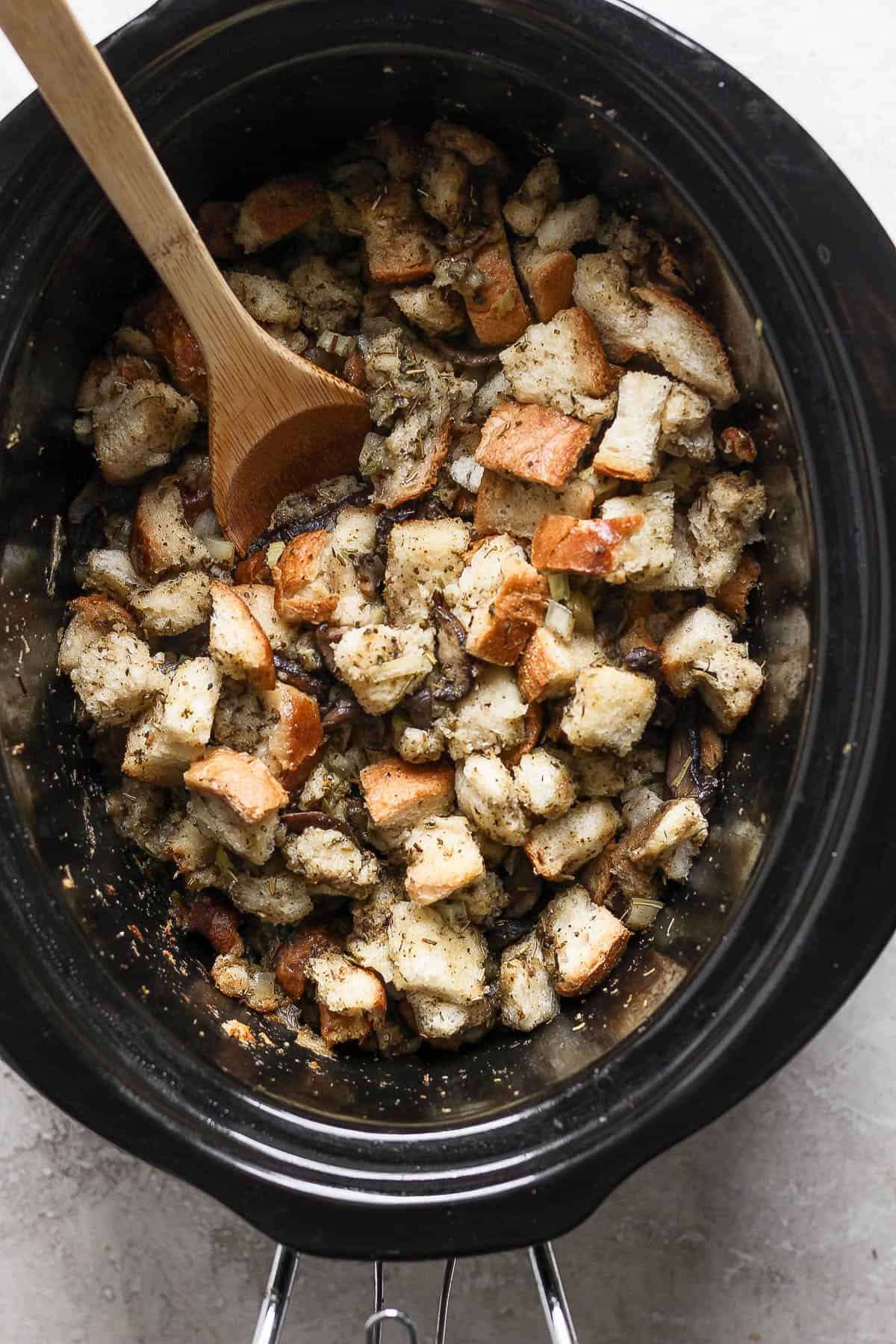 Crock pot stuffing in the slow cooker after cooking.