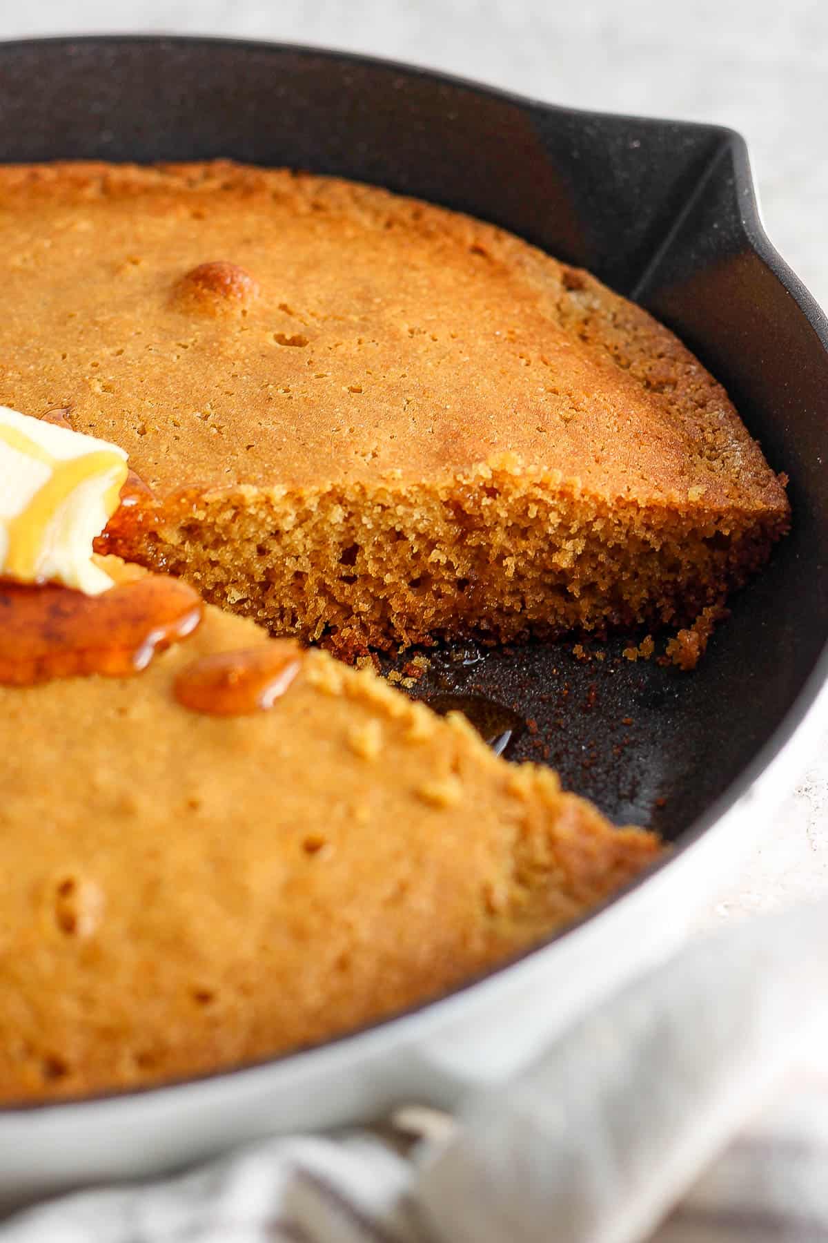 A slice removed from the smoked cornbread.