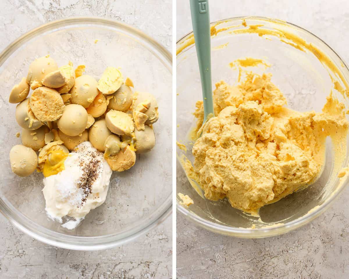 Two images showing the egg yolk mixture before being mixed and after.