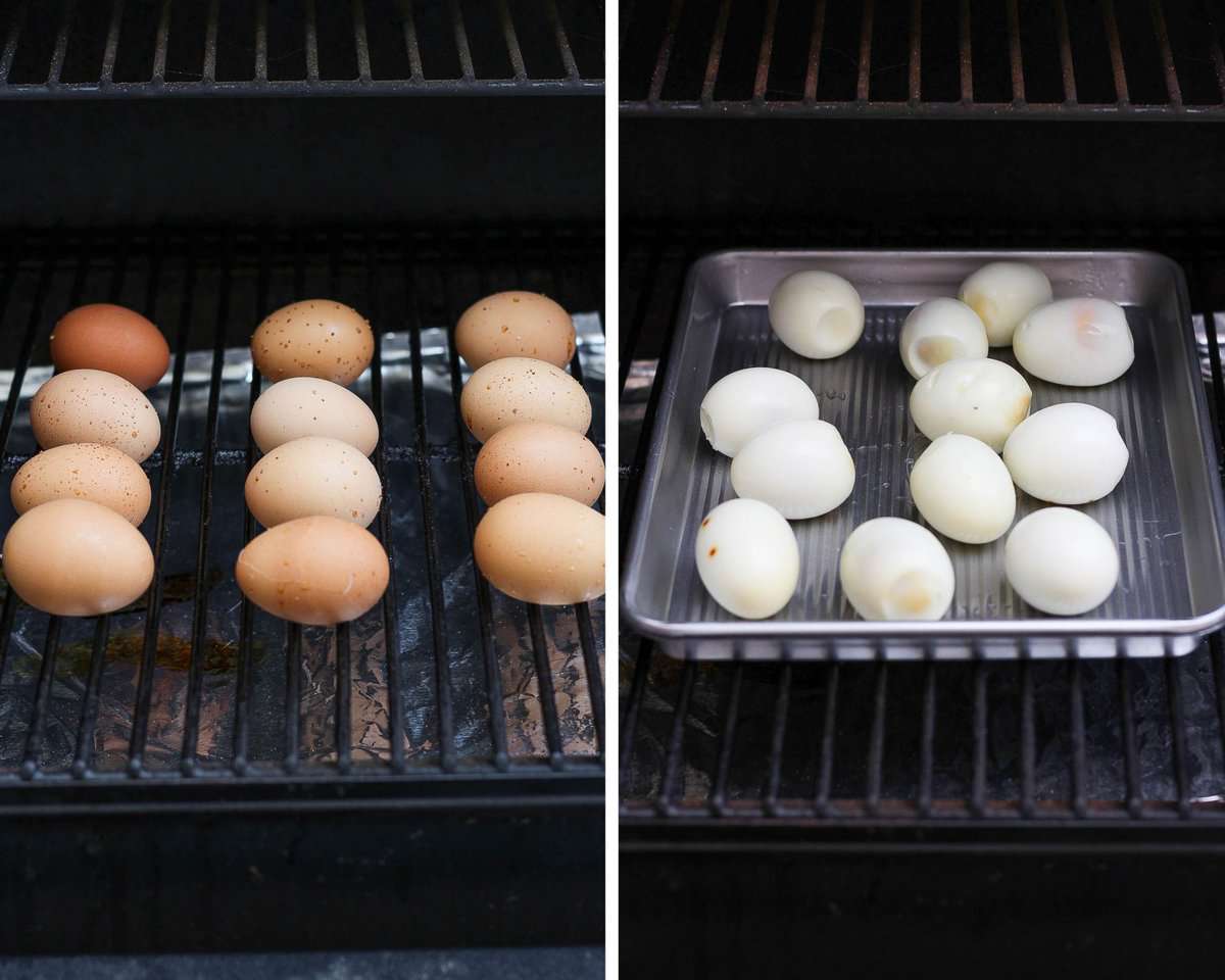 Eggs on the smoker with the shell on and then on a sheet pan with the shell removed.