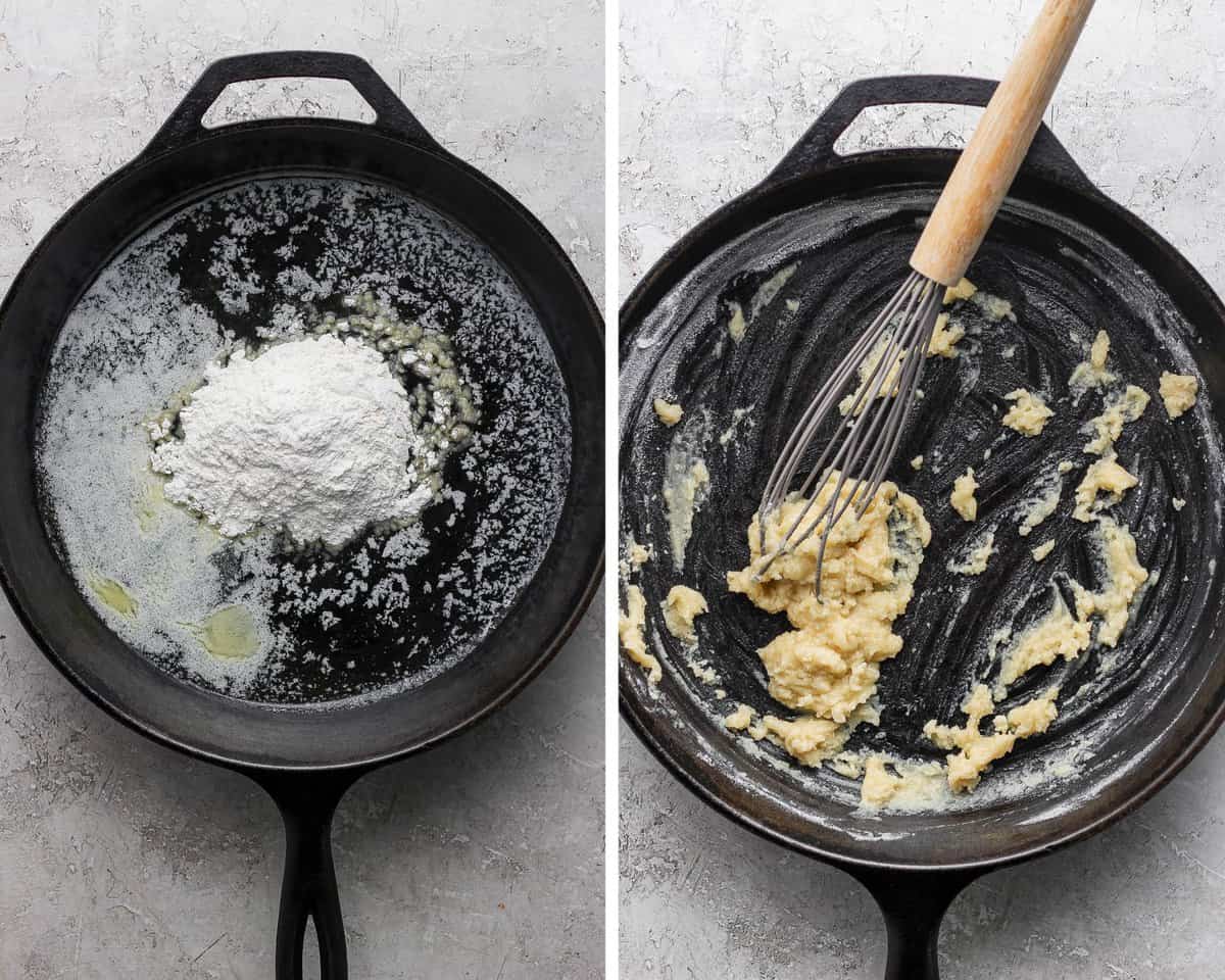 A cast iron skillet with butter, flour, and garlic whisked together.