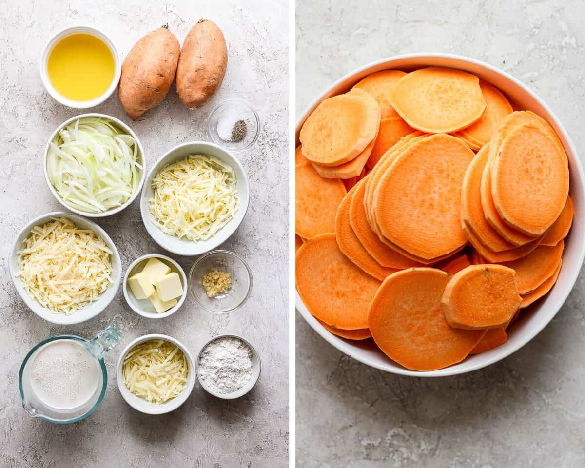 Individual bowls of broth, slices onions, grated gruyere cheese, grated parmesan, grated monterey jack, butter, minced garlic, creamer, flour, and sliced sweet potatoes.