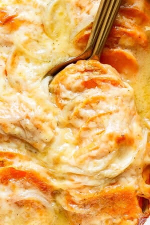 Top down shot of a casserole dish filled with homemade sweet potato au gratin with two golden spoons sticking out.