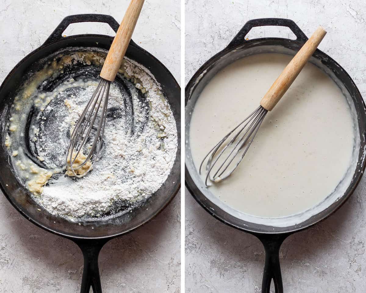 A skillet with butter, garlic, and flour. Another shot of a skillet with the creamer and broth mixed in to make a cream sauce.