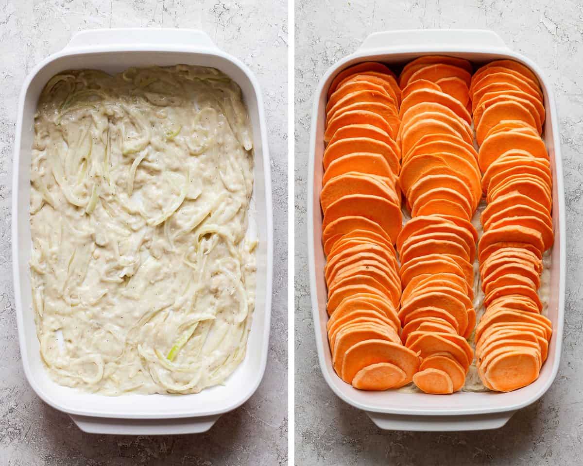 A casserole dish with a layer cream sauce on the bottom and then topped with three rows of sliced sweet potato.