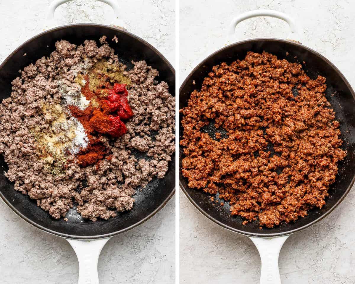 Two images showing the taco seasoning added to ground beef in a skillet and then fully combined.