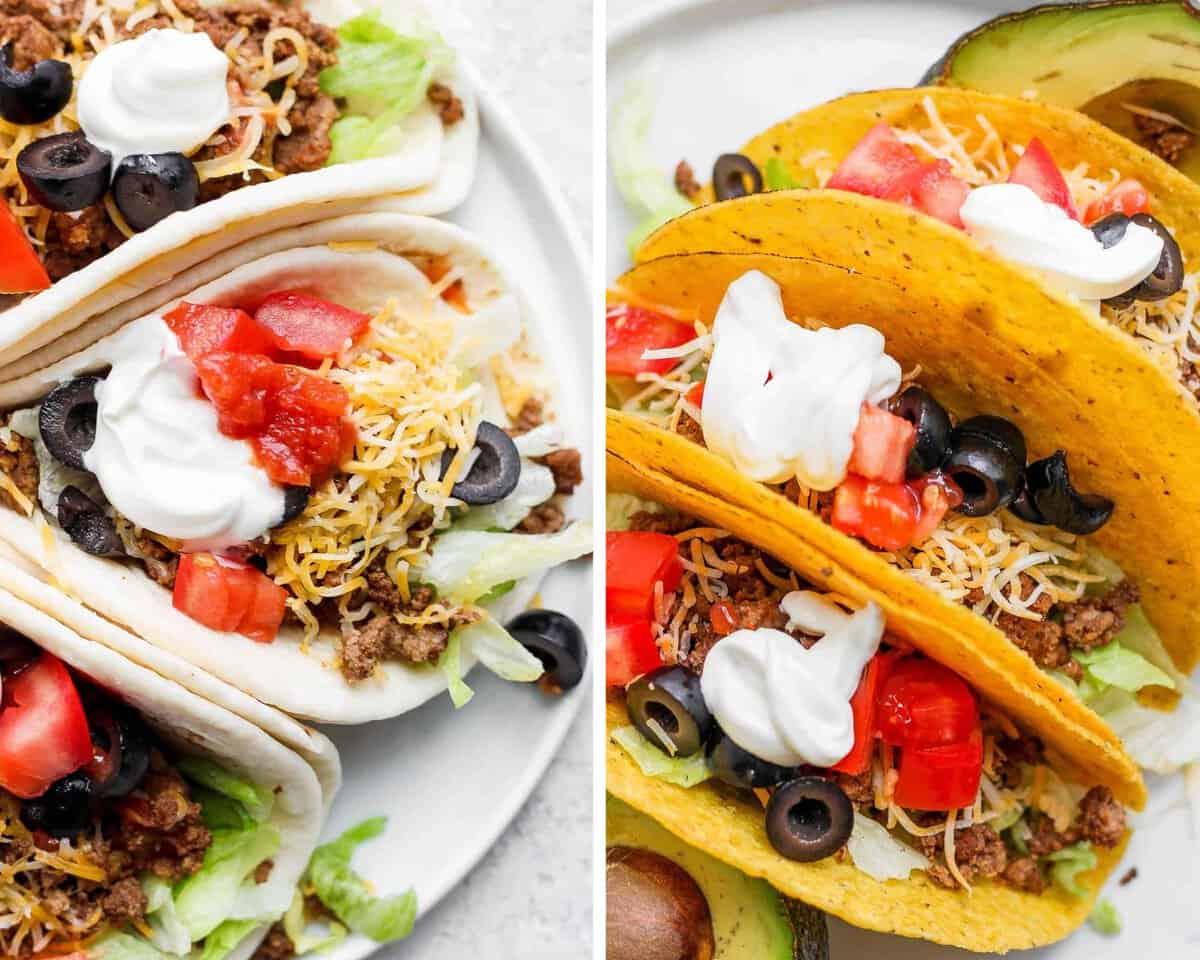 Two images showing ground beef tacos in soft shells and in hard shells.