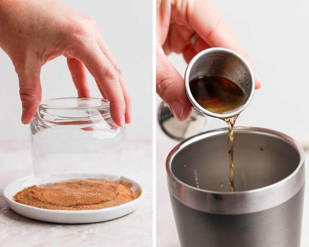 Two images showing the glass being turned in the cinnamon sugar mixture and ingredients being added to a cocktail shaker.