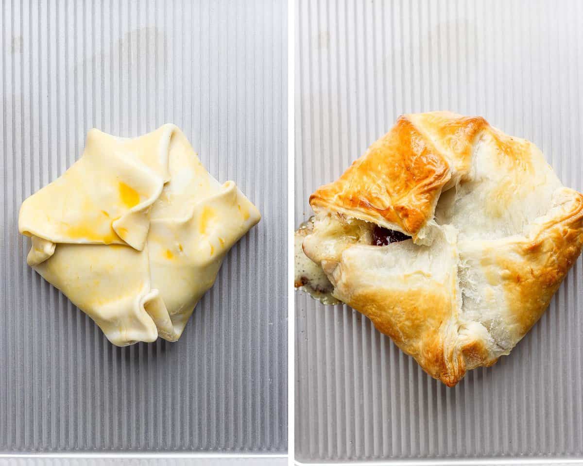 Two images showing the puff pastry before baking and after.