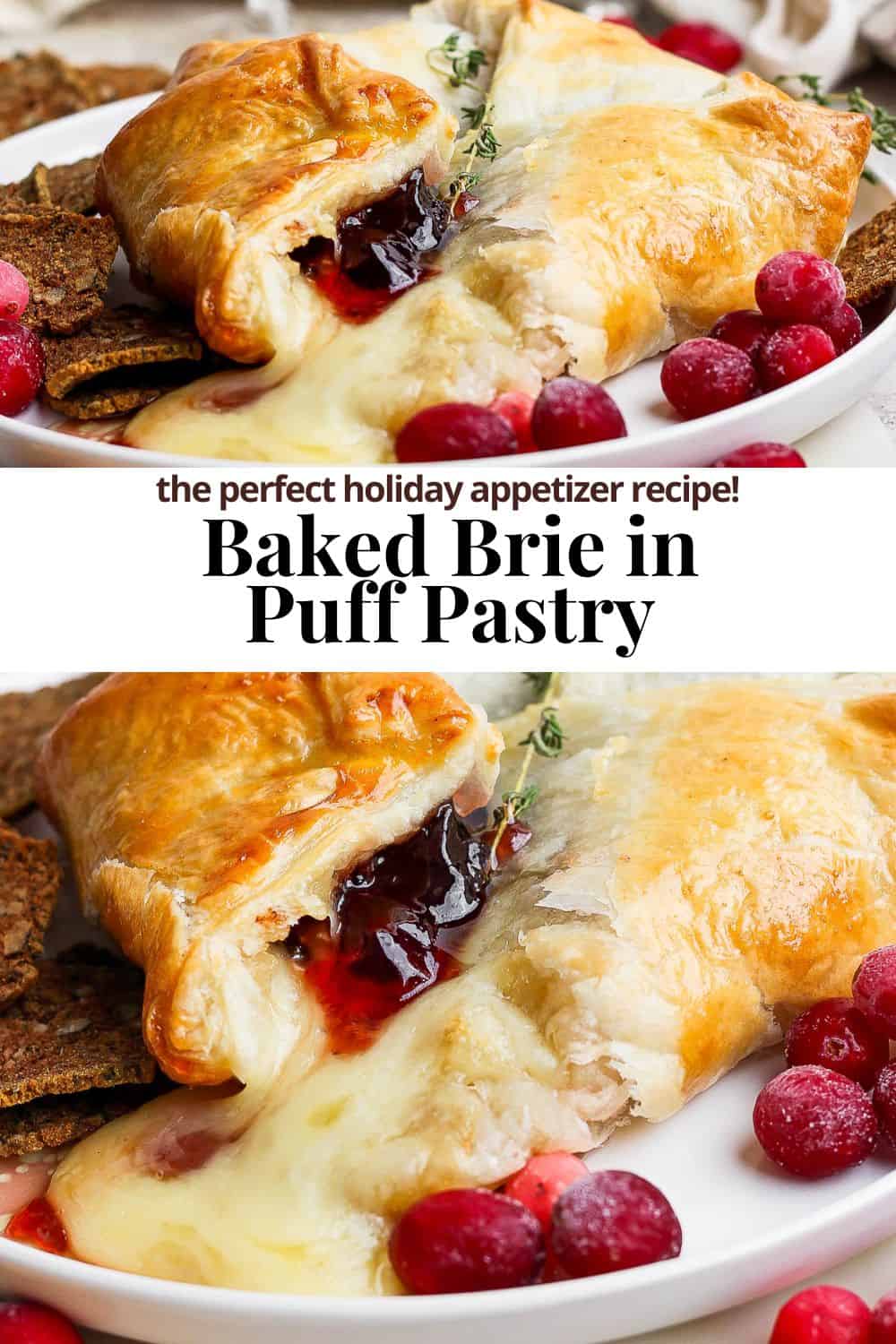 Pinterest image for baked brie in puff pastry.