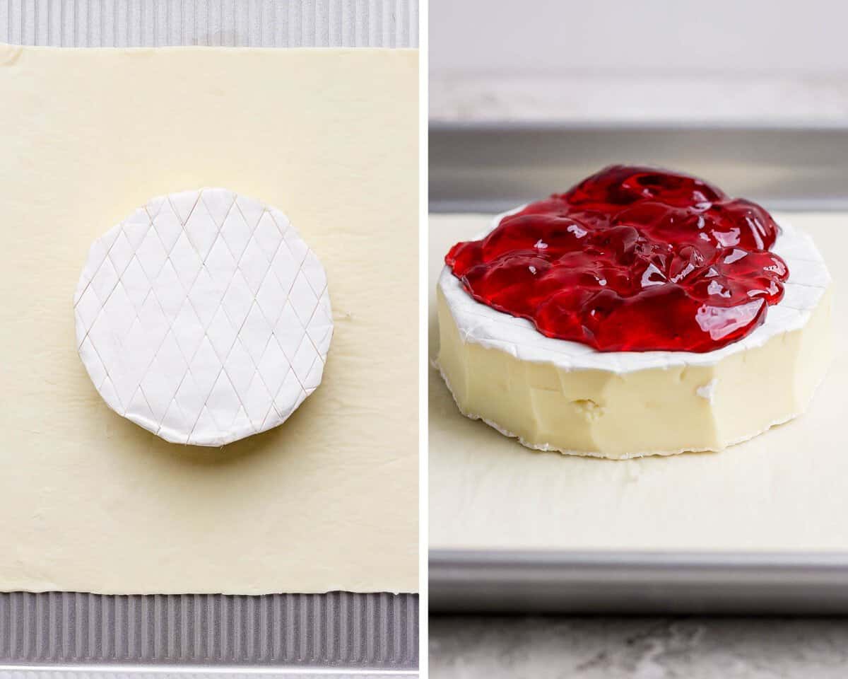 Two images showing the prepped brie in the middle of a puff pastry and then with the jam on top.