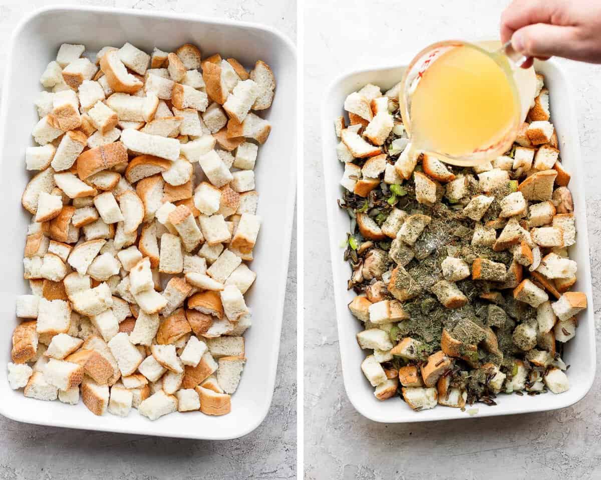 Two images showing a white baking dish with stale bread cubes and then with the wild rice mixture and seasonings added and broth being poured in.