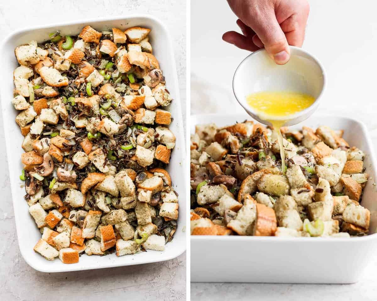 Two images showing a fully mixed wild rice stuffing and then melted butter being poured on top.