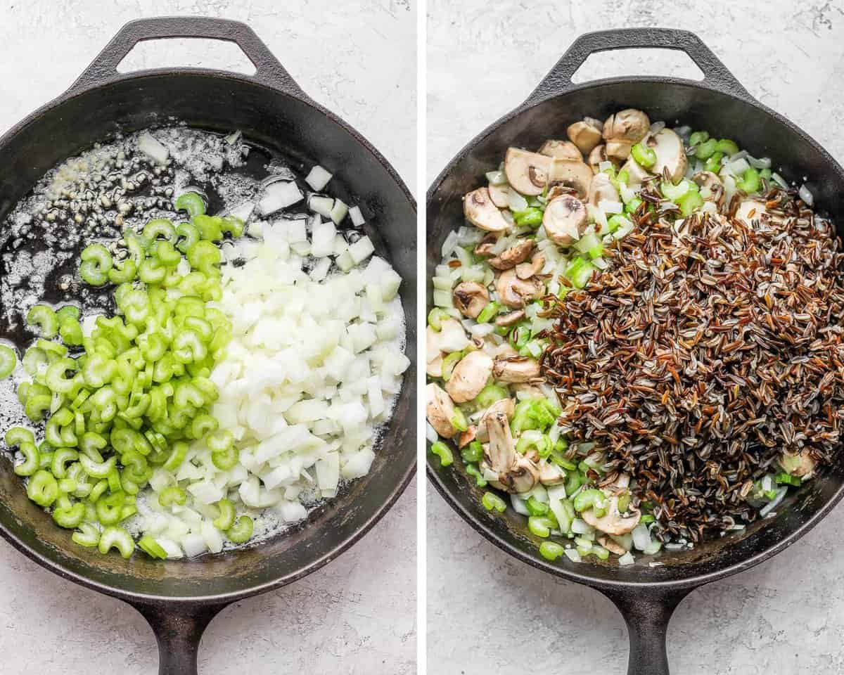 Two images showing the garlic, onion, and celery in the skillet and then the pan with mushrooms and wild rice added.