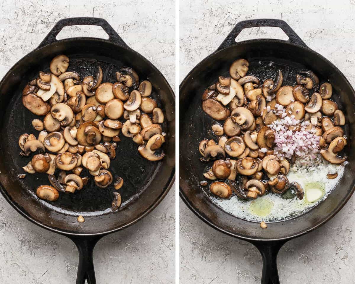 Two images showing the cooked mushrooms in the pan and then adding more butter, garlic, and shallots.