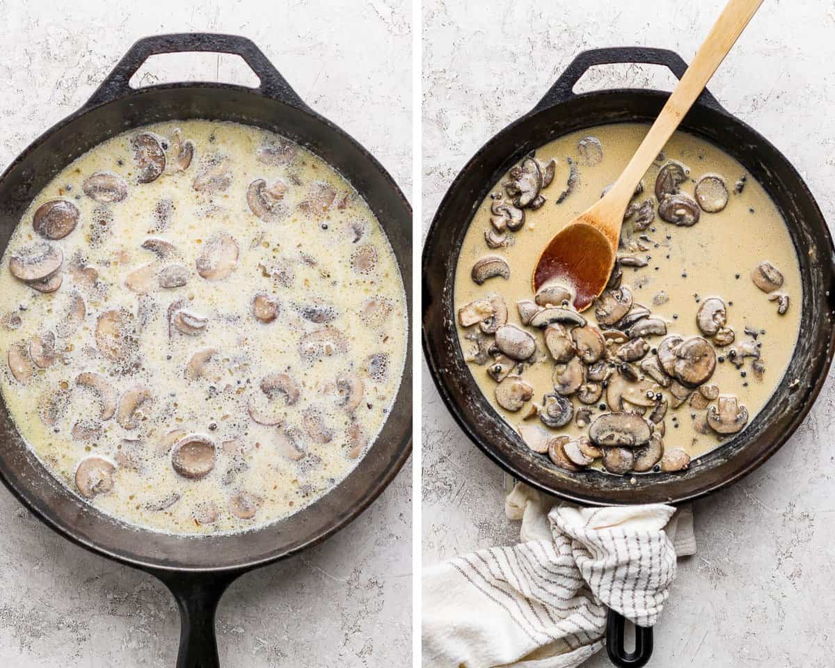 Two images showing the broth, cream, and wine added and then the finished sauce after simmering.