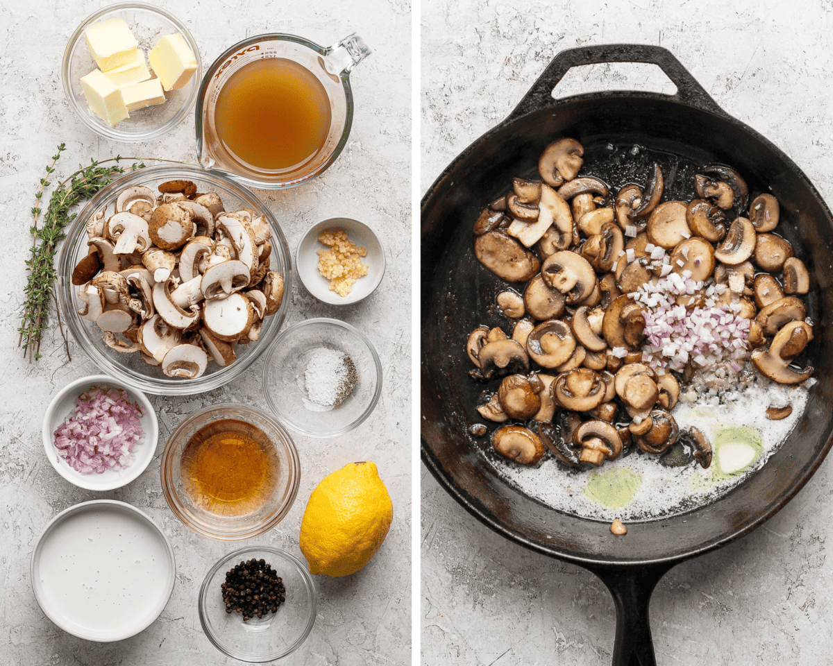 Two images showing the ingredients for the mushroom sauce and the mushrooms and shallots cooking in melted butter.