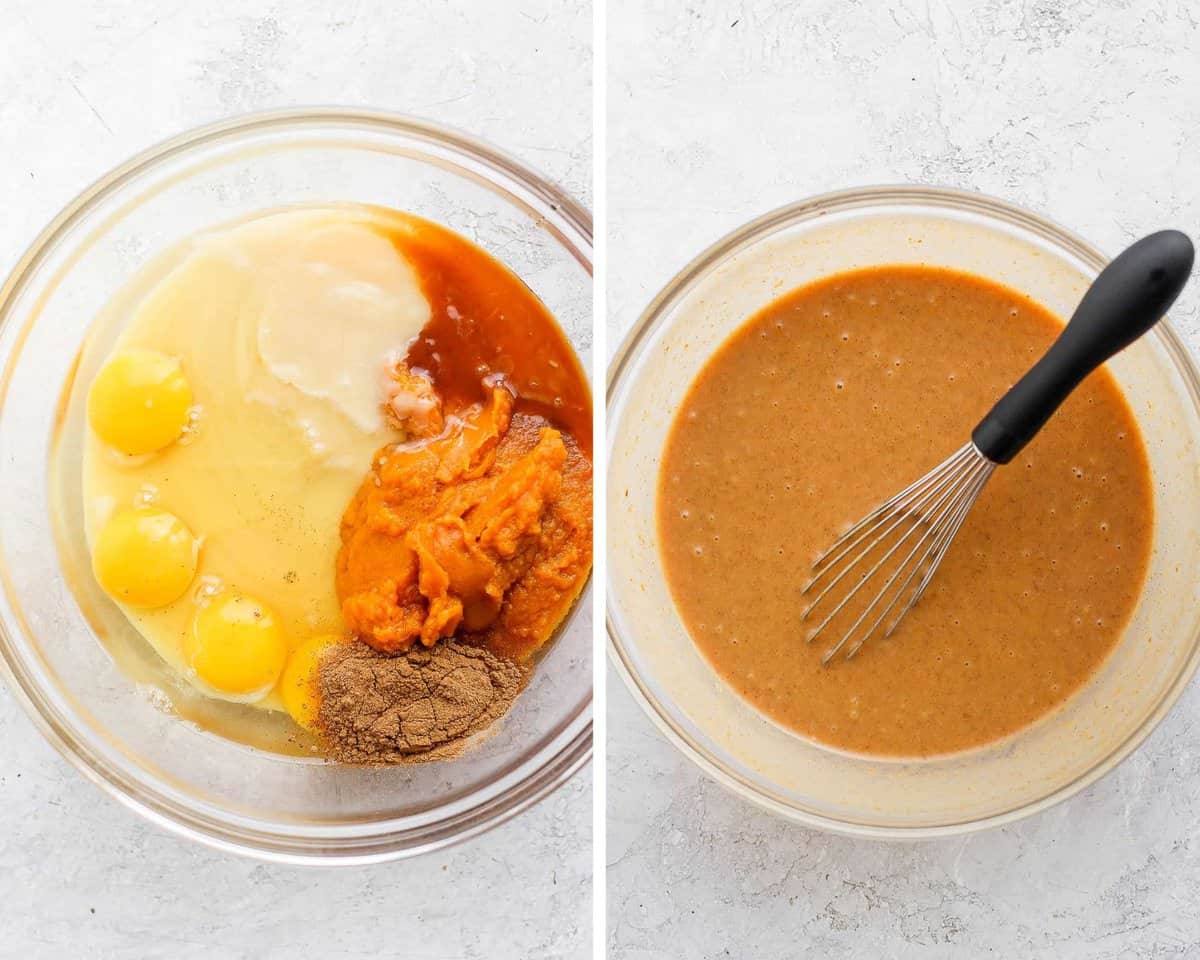 Two images showing the filling ingredients in a large bowl before mixing and after.