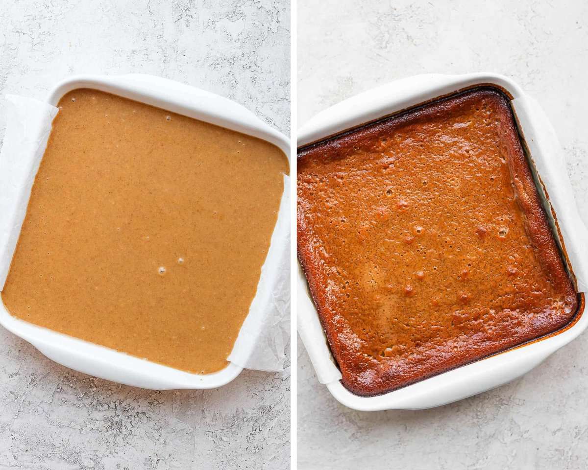 Two images showing the pumpkin pie bar filling in a parchment-lined baking pan before baking and after.