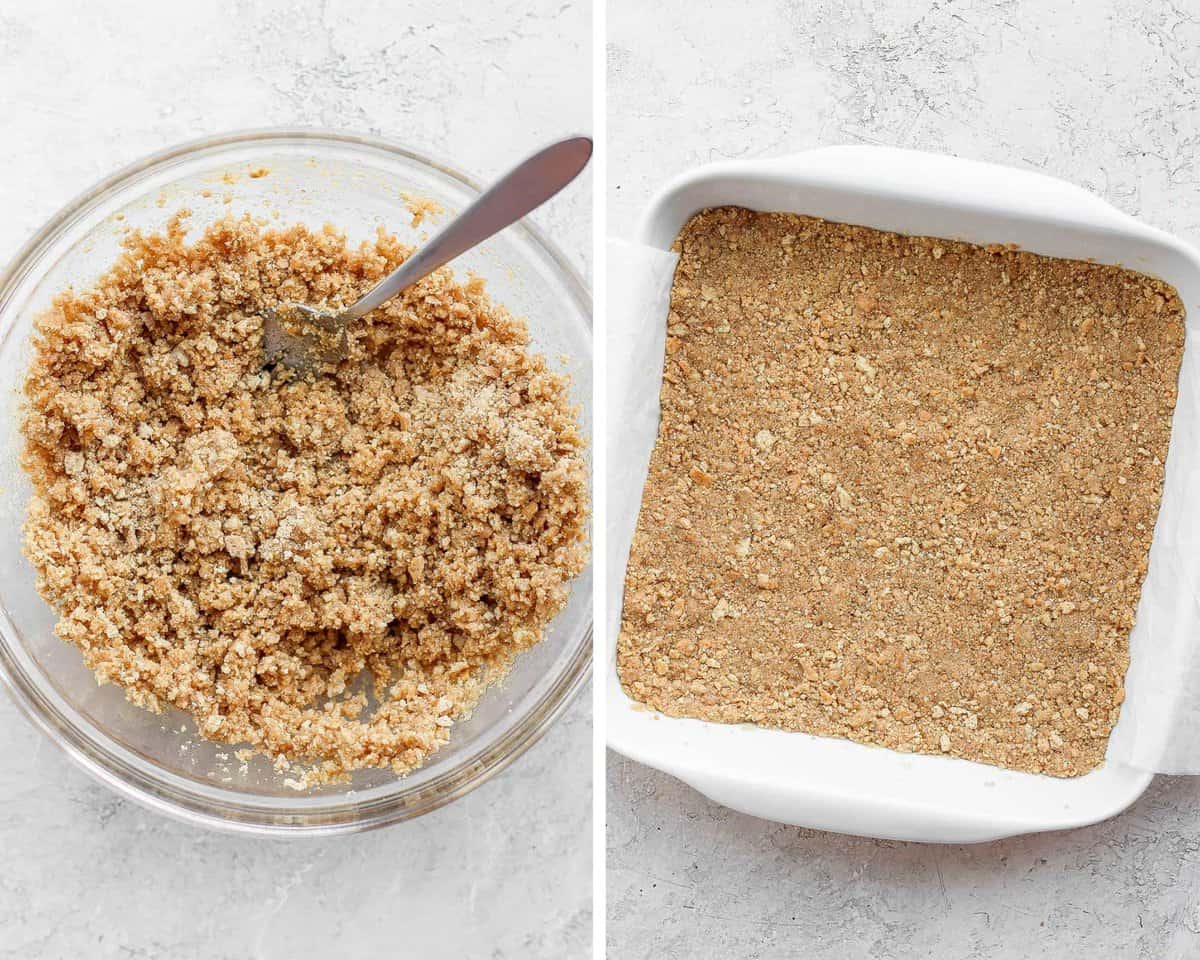 Two images showing the crust ingredients mixed in a glass bowl and then pressed into a parchment-lined baking pan.