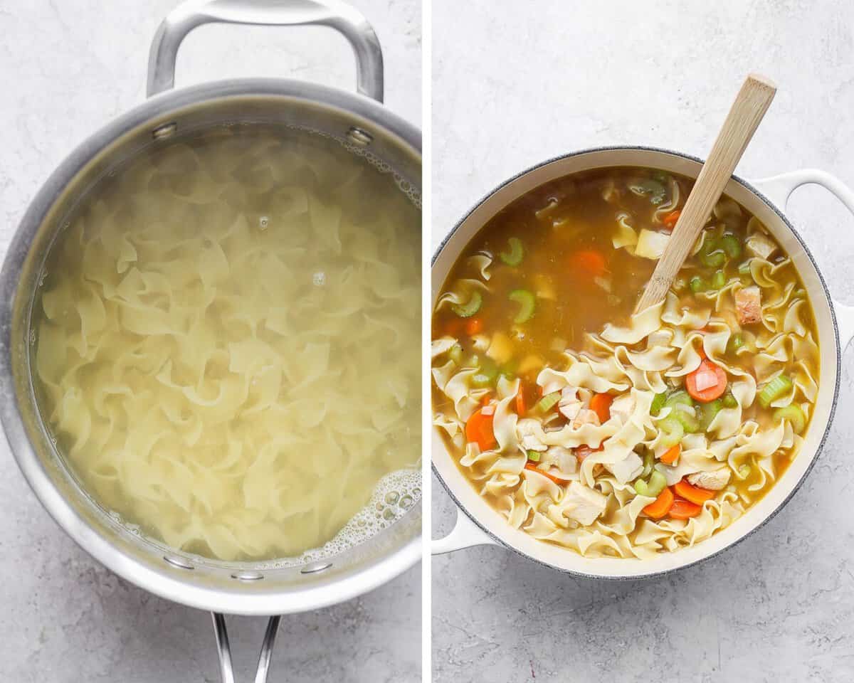 Two images showing the noodles cooking in a separate pot and then some of the noodles added to the soup.