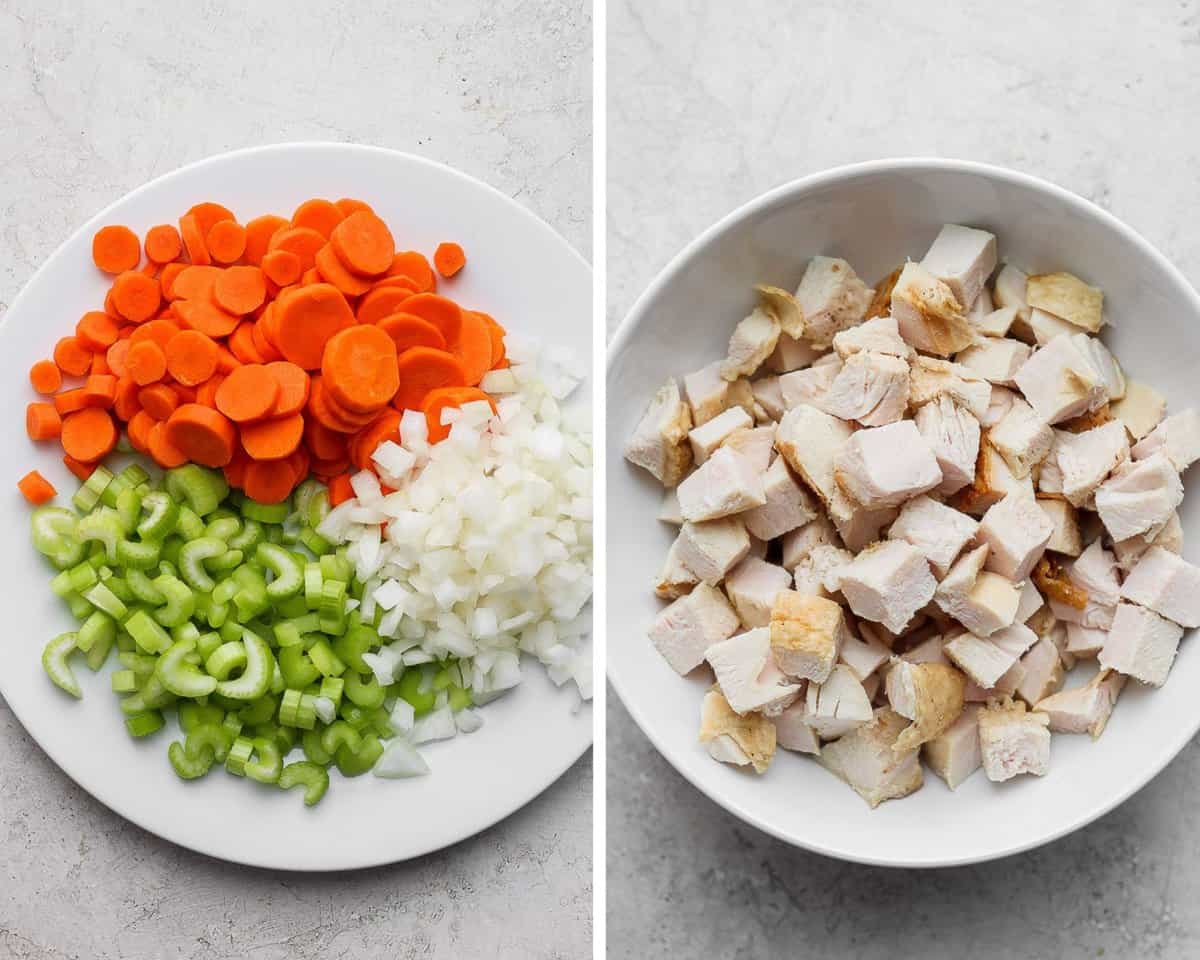 Two images showing the chopped vegetables on a plate and cubed turkey in a bowl.