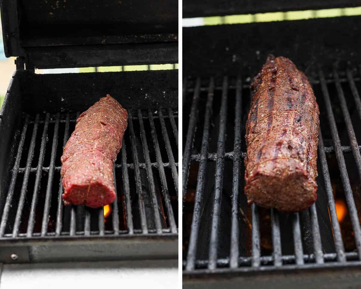 Two images showing the beef tenderloin when it first goes on the hot grill and after being seared on all sides.