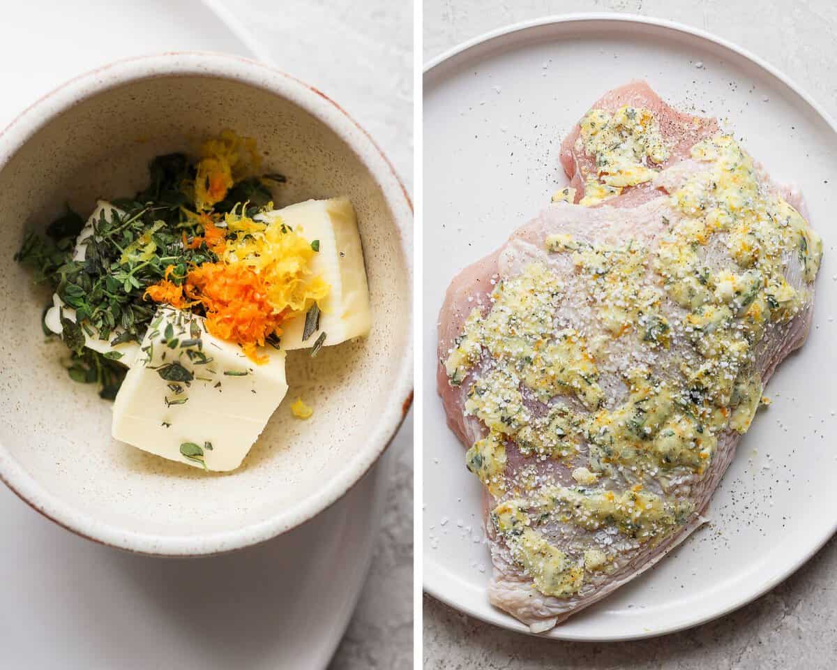 Two images showing the herb butter ingredients in a small bowl and then rubbed on the outside of the turkey breast.