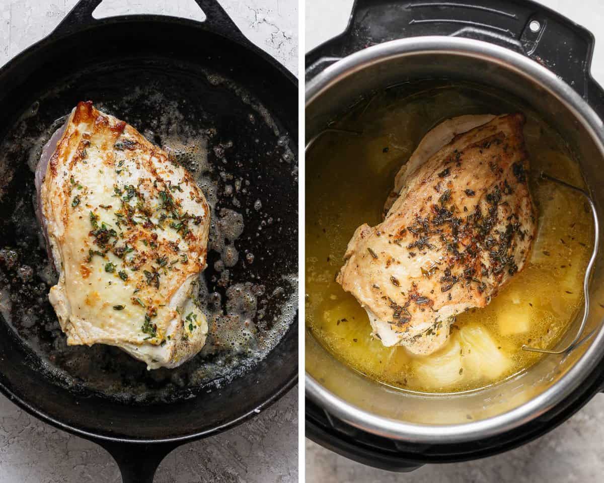 Two images showing the turkey breast seared in a skillet and then fully cooked in the Instant Pot.