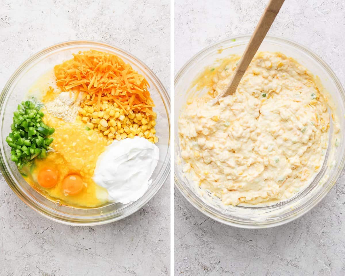 Two images showing the corn casserole ingredients in a large bowl separate and then mixed together.