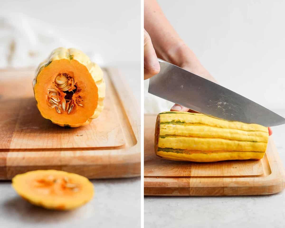 A delicata squash with the end cut off and a large knife cutting through it lenthwise.