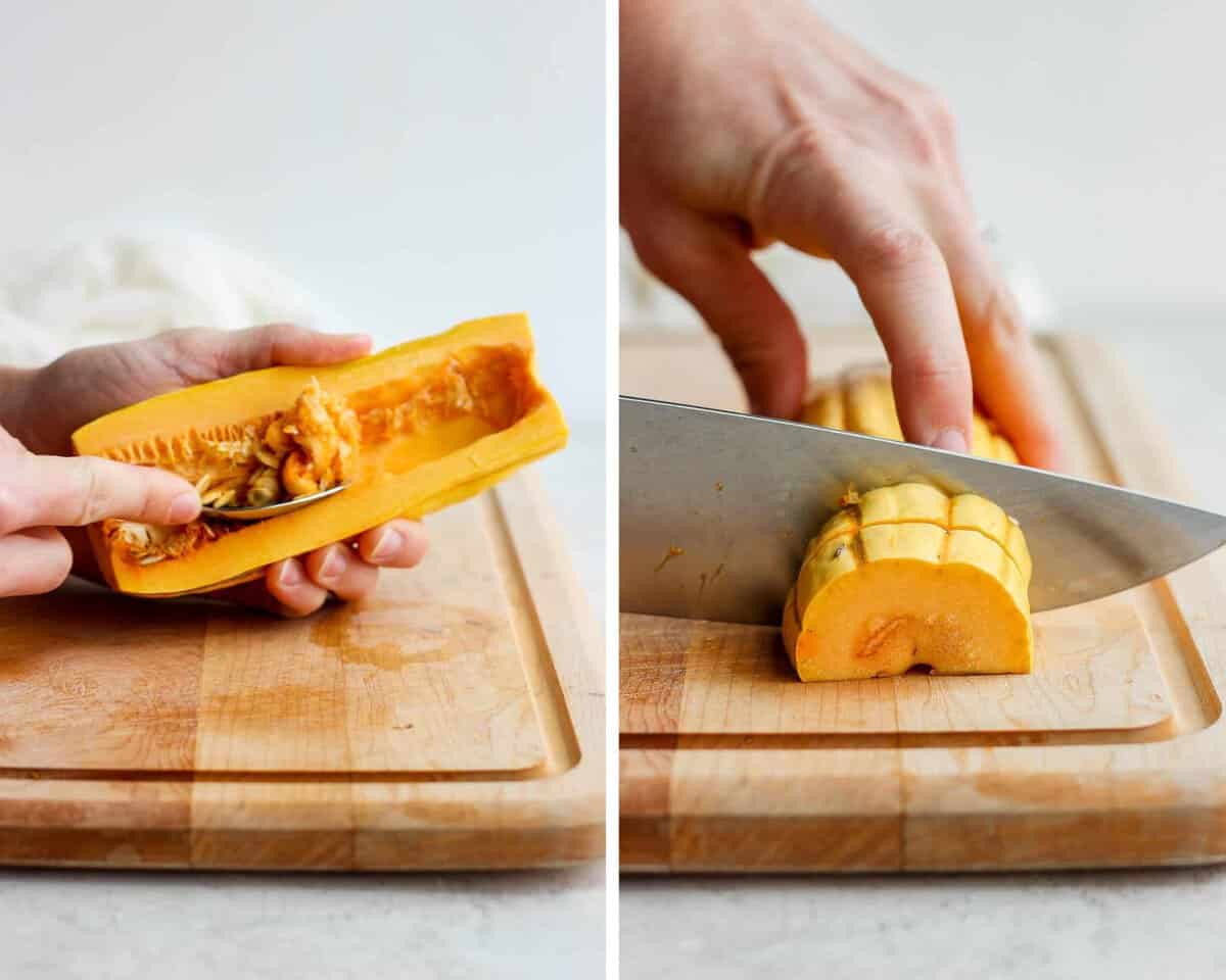 A hand scooping out the delicata squash seeds with a spoon and a knife cutting the squash in to slices.