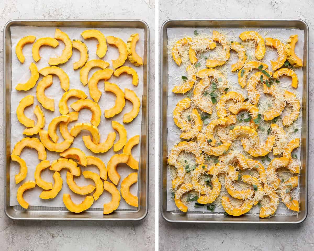 Slices of delicata squash on a parchment lined baking sheet and then sprinkled with cheese and chopped sage.