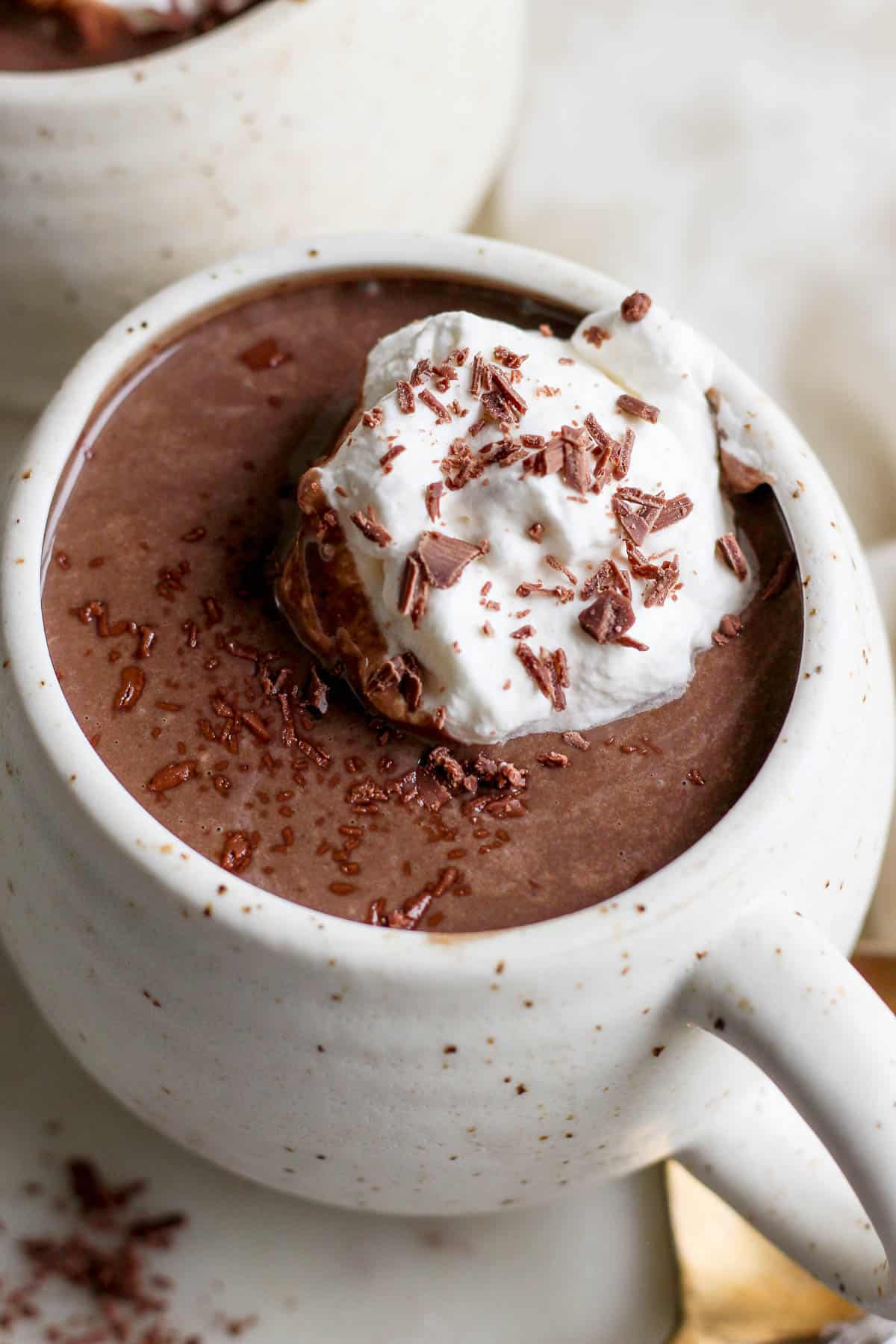 A cup of hot chocolate topped with whipped cream and shaved chocolate.