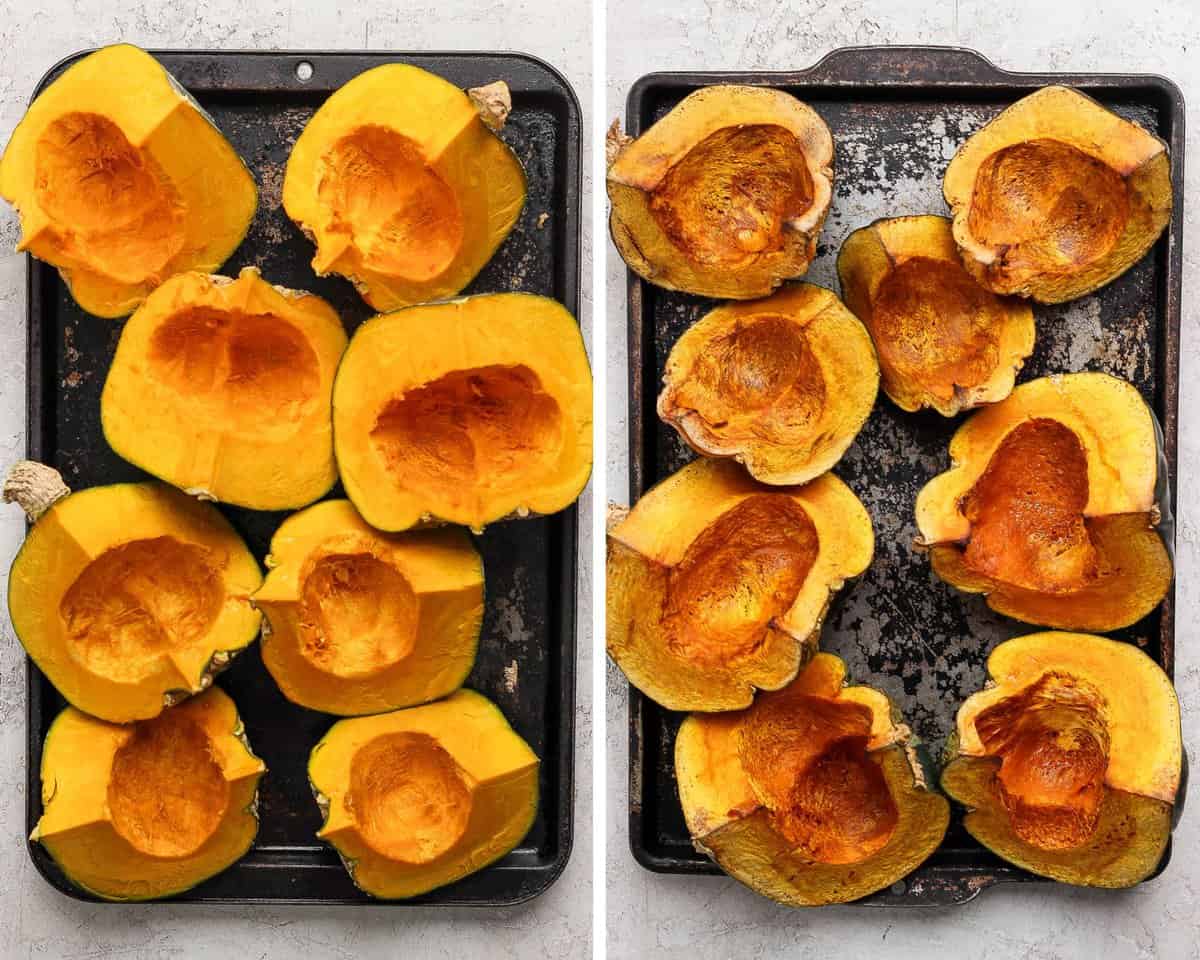 Quartered buttercup squashes on a baking sheet shown baked and unbaked.